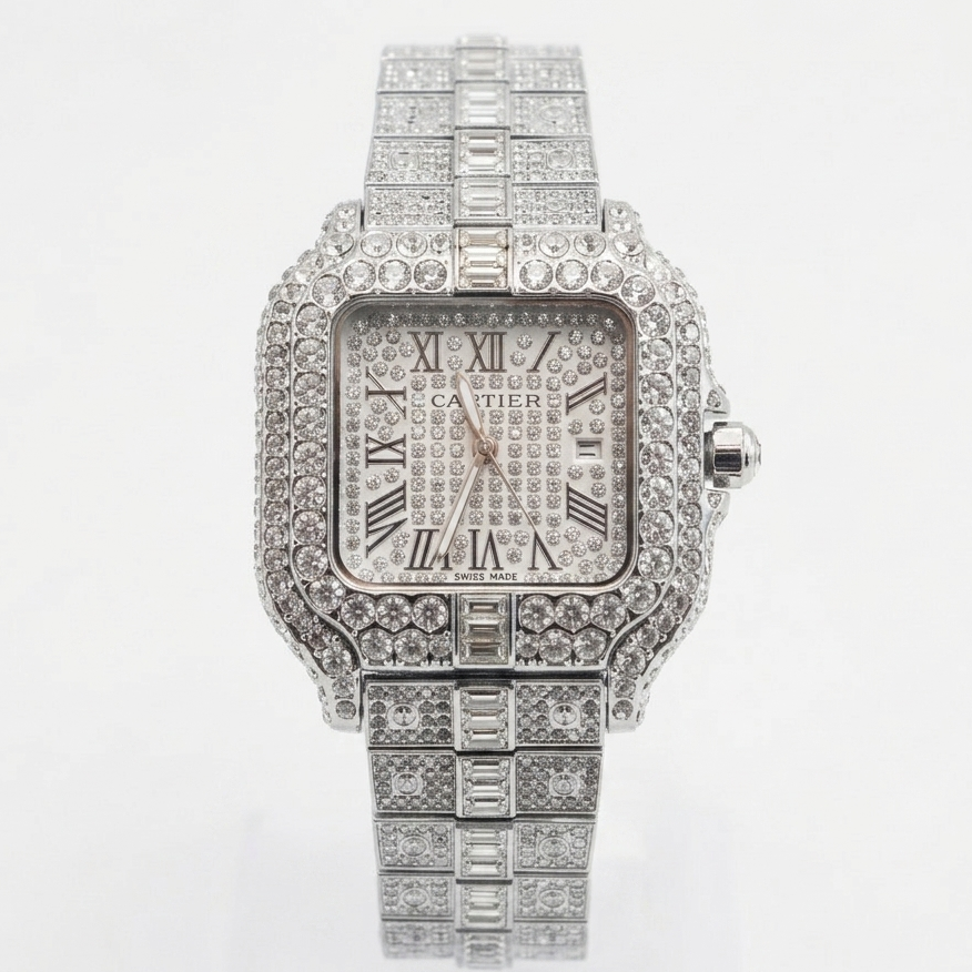 Cartier Santos Horizon Series | Pavé-Set Geometric Grandeur with Timeless Roman Dial