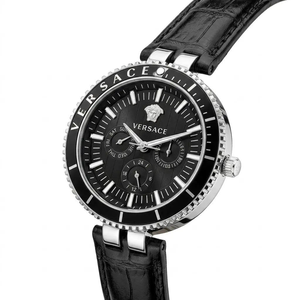 Versace Palazzo Fashion Chronograph | Working Multi-Dial Display with Alligator-Grain Strap