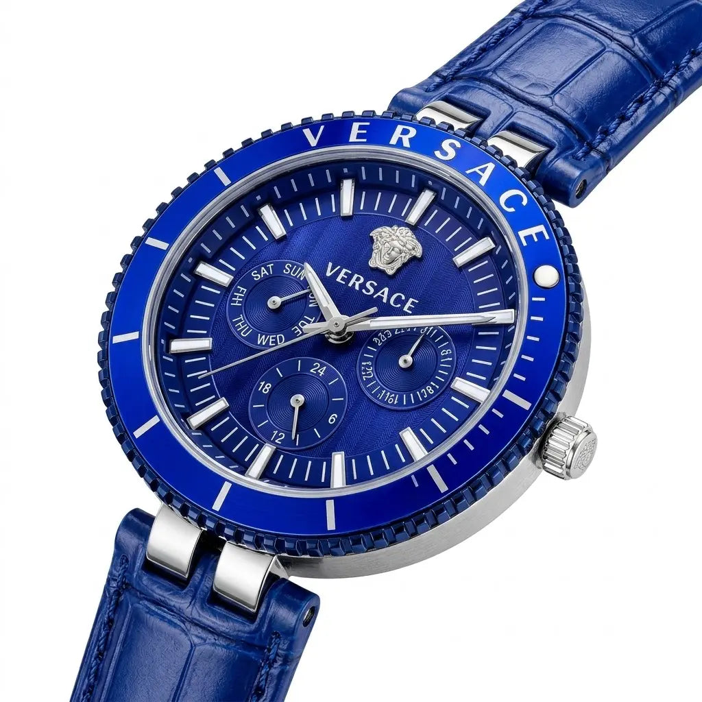 Versace Palazzo Fashion Chronograph | Working Multi-Dial Display with Alligator-Grain Strap
