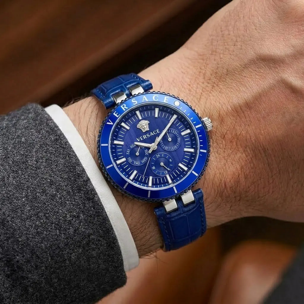Versace Palazzo Fashion Chronograph | Working Multi-Dial Display with Alligator-Grain Strap