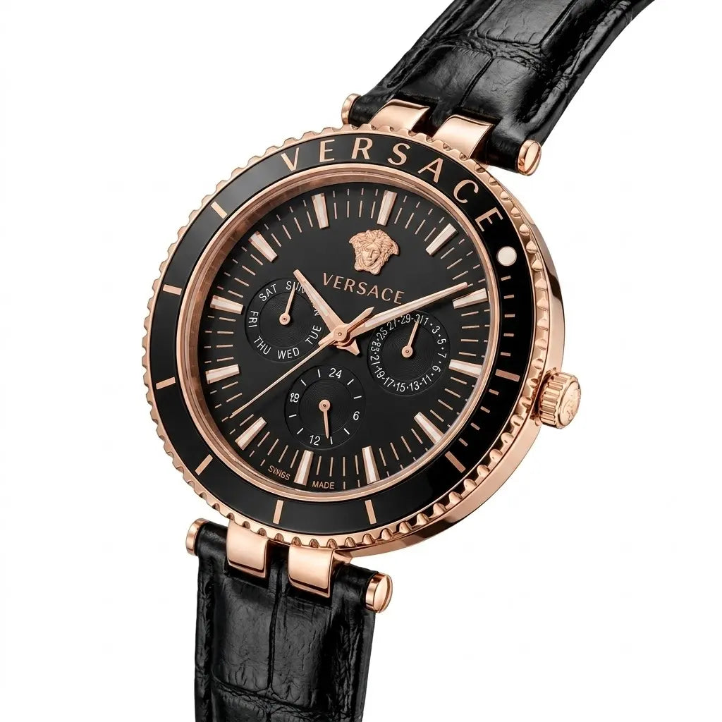 Versace Palazzo Fashion Chronograph | Working Multi-Dial Display with Alligator-Grain Strap