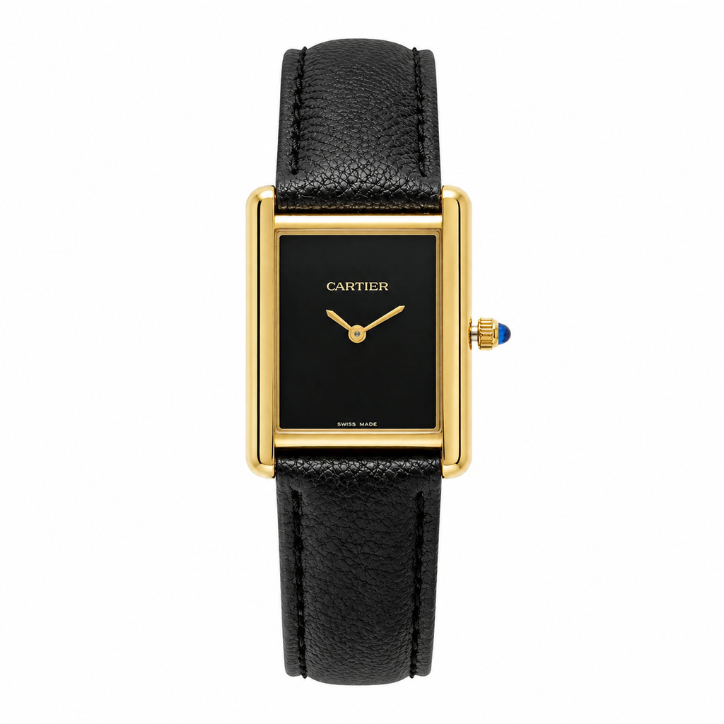 Cartier Grained Textured Leather Strap Elegant Rectangular Tank Watch