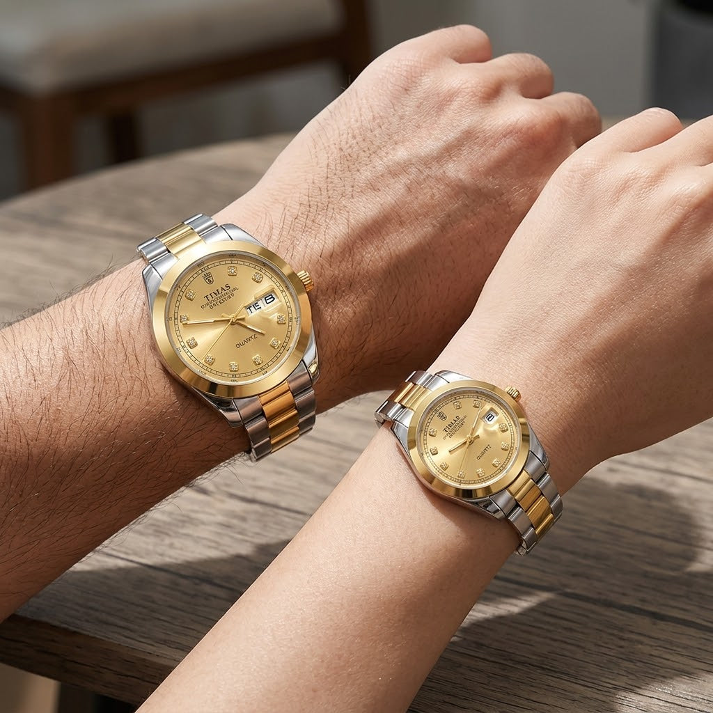 TIMAS Crystal Index Quartz Couple Watch Set with Calendar Display (AWTC-00309)