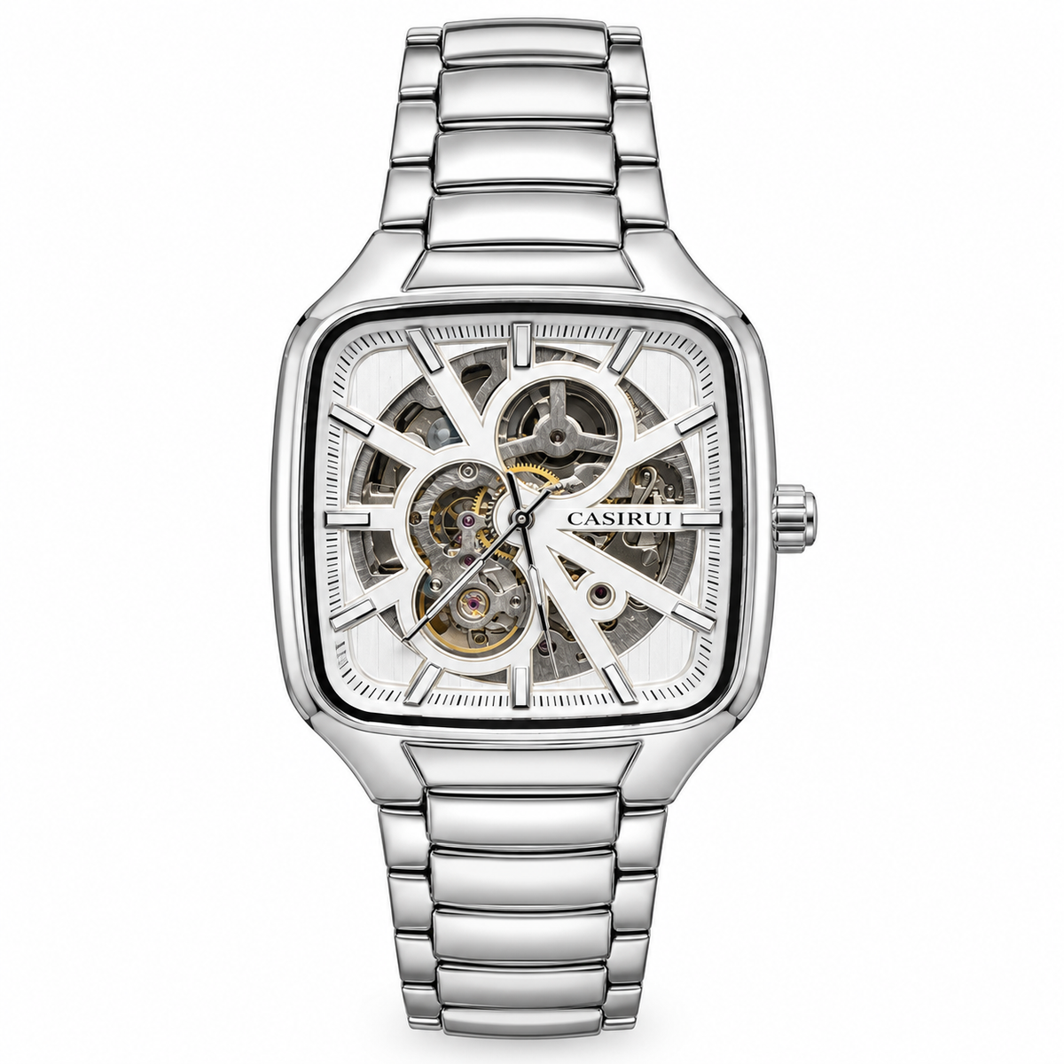 Men's Square Skeleton Automatic Mechanical Watch with Metal Bracelet (AWTM-00203)