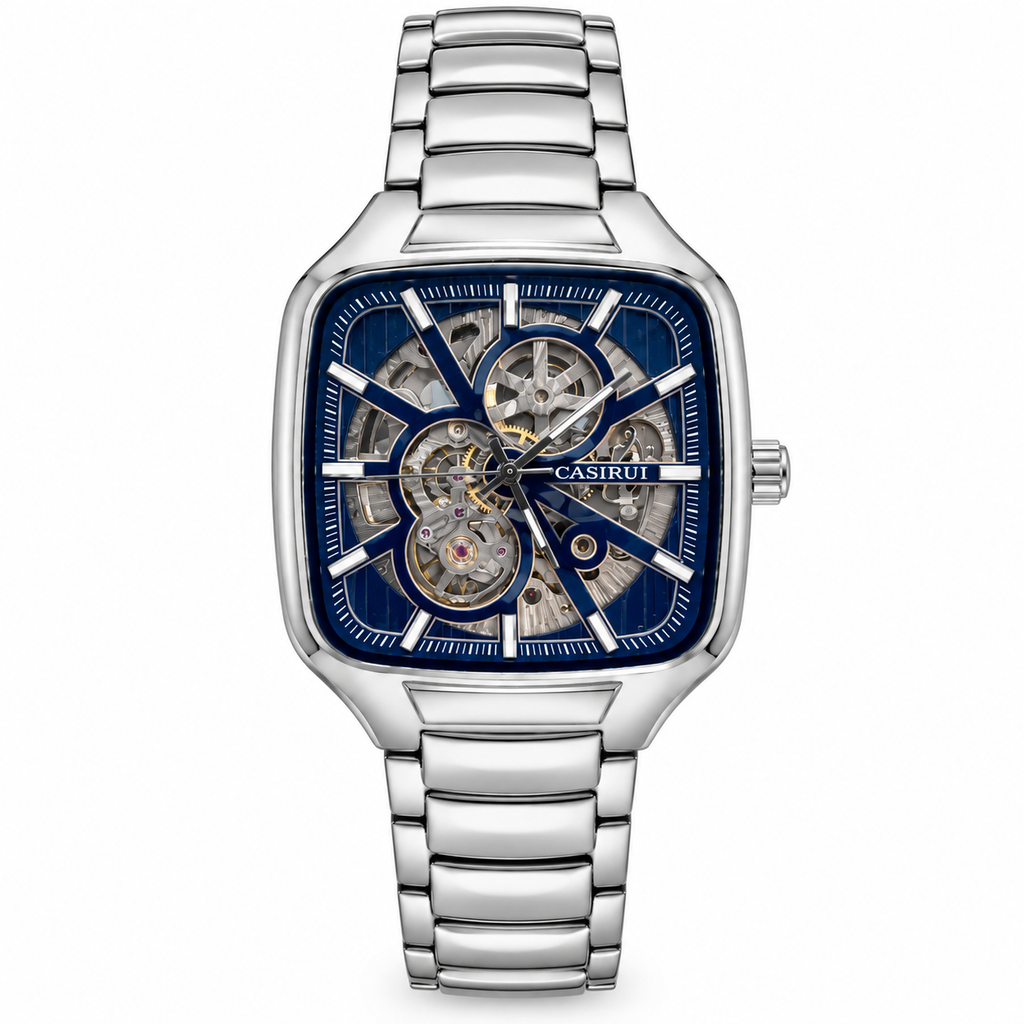 Men's Square Skeleton Automatic Mechanical Watch with Metal Bracelet (AWTM-00203)