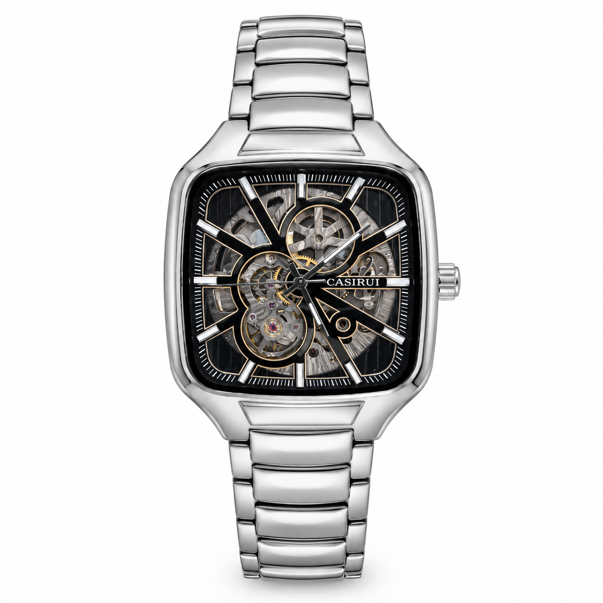 Men's Square Skeleton Automatic Mechanical Watch with Metal Bracelet (AWTM-00203)