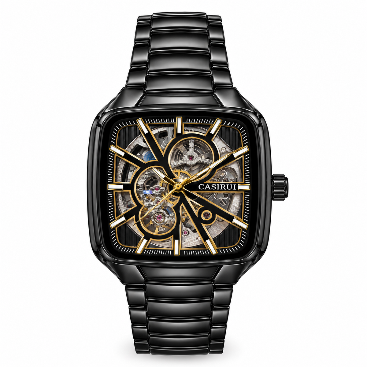 Men's Square Skeleton Automatic Mechanical Watch with Metal Bracelet (AWTM-00203)