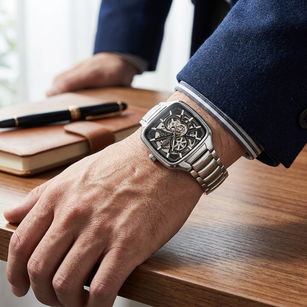 Men's Square Skeleton Automatic Mechanical Watch with Metal Bracelet (AWTM-00203)