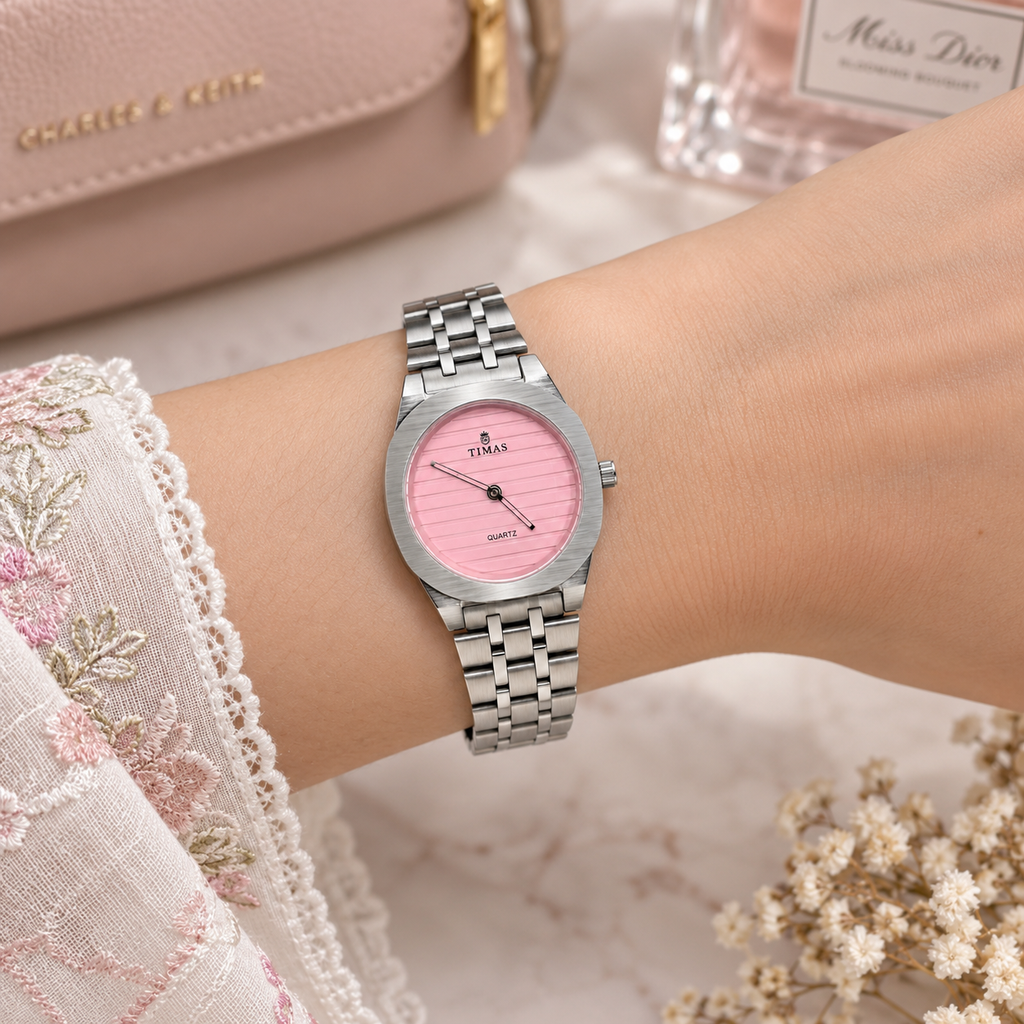 TIMAS Luxury Quartz Ladies Watch with Textured Line Dial & Metallic Chain Bracelet (AWTL-00312)