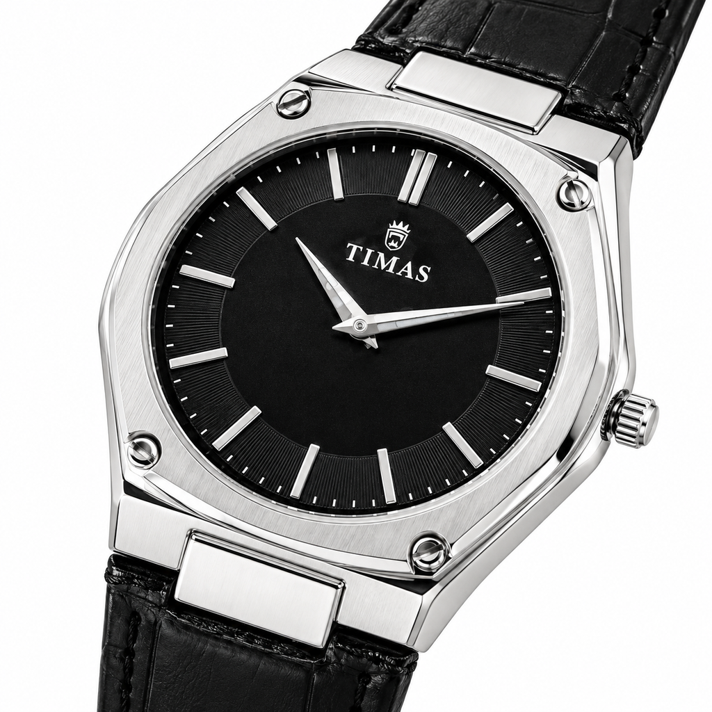 TIMAS Luxury Quartz Men's Watch with Textured Rim Dial & Leather Strap (AWTM-00313)