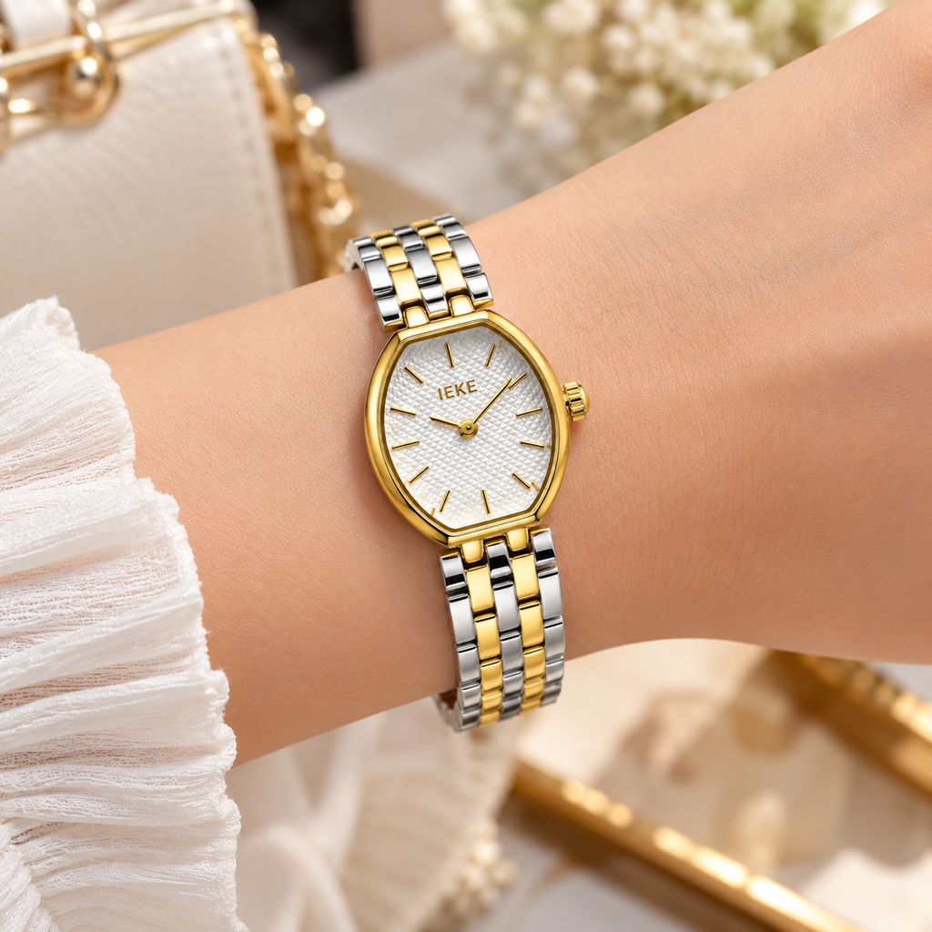 IEKE Oval Quartz Ladies Watch with Textured Dial & Multi-Link Metallic Bracelet (AWTL-00322)