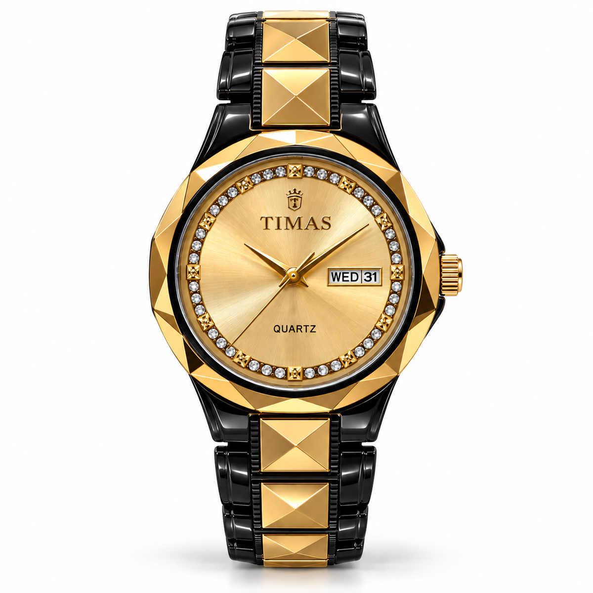TIMAS Premium Pure Ceramic Quartz Watch with Crystal Inner Bezel & Day-Date Display