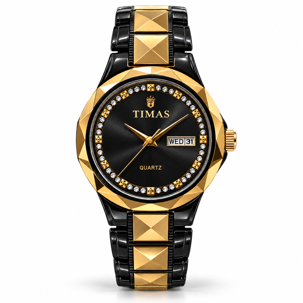 TIMAS Premium Pure Ceramic Quartz Watch with Crystal Inner Bezel & Day-Date Display