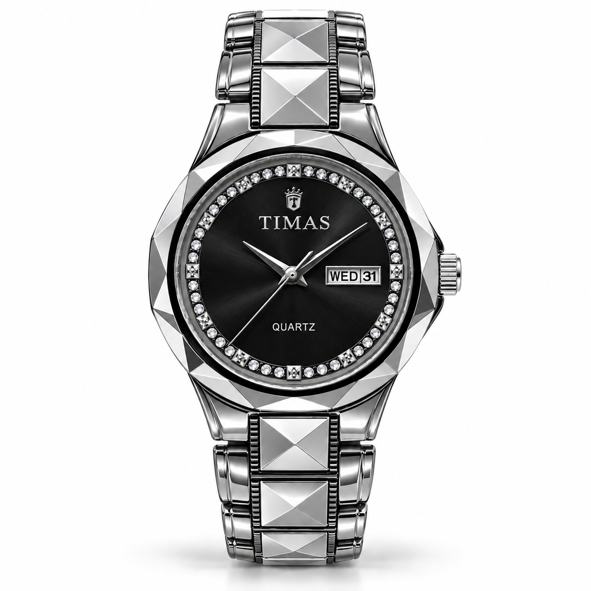 TIMAS Premium Pure Ceramic Quartz Watch with Crystal Inner Bezel & Day-Date Display