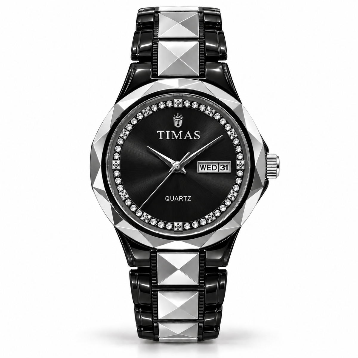 TIMAS Premium Pure Ceramic Quartz Watch with Crystal Inner Bezel & Day-Date Display