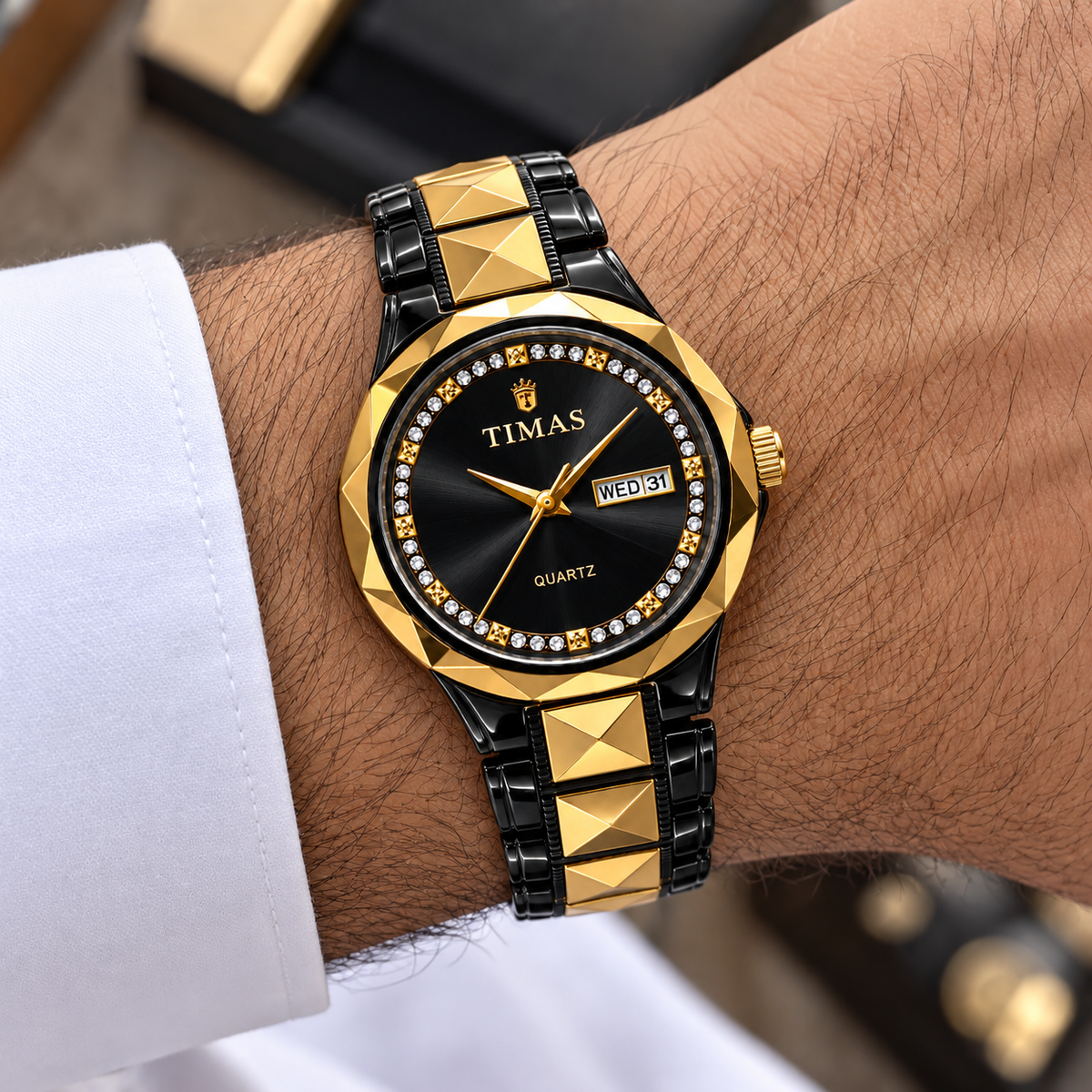 TIMAS Premium Pure Ceramic Quartz Watch with Crystal Inner Bezel & Day-Date Display