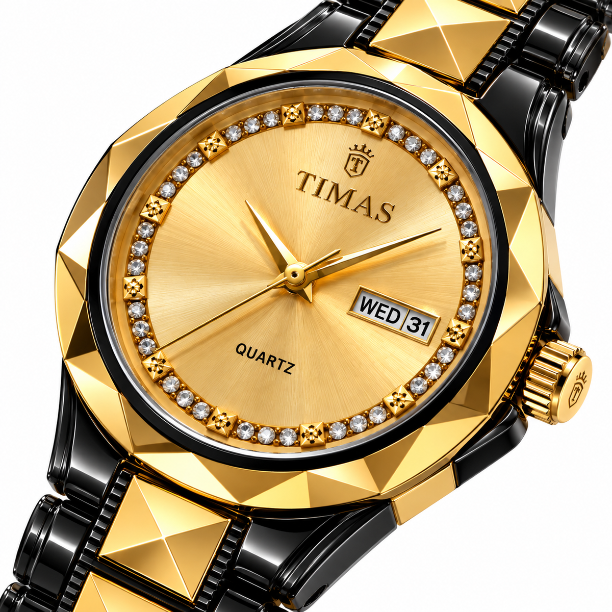 TIMAS Premium Pure Ceramic Quartz Watch with Crystal Inner Bezel & Day-Date Display