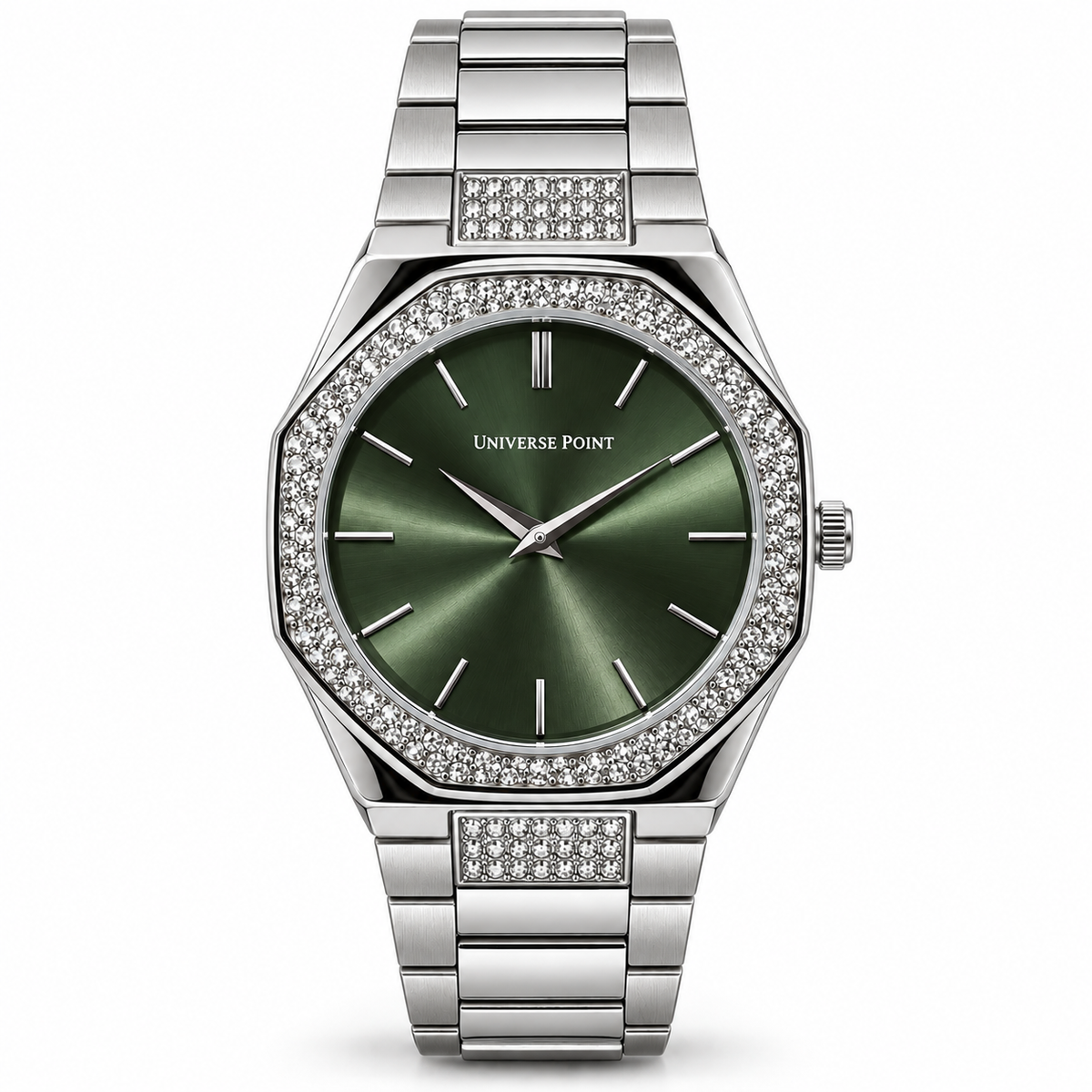Universe Point Octagonal Quartz Watch with Crystal Bezel & Metallic Bracelet (AWUM-00324)
