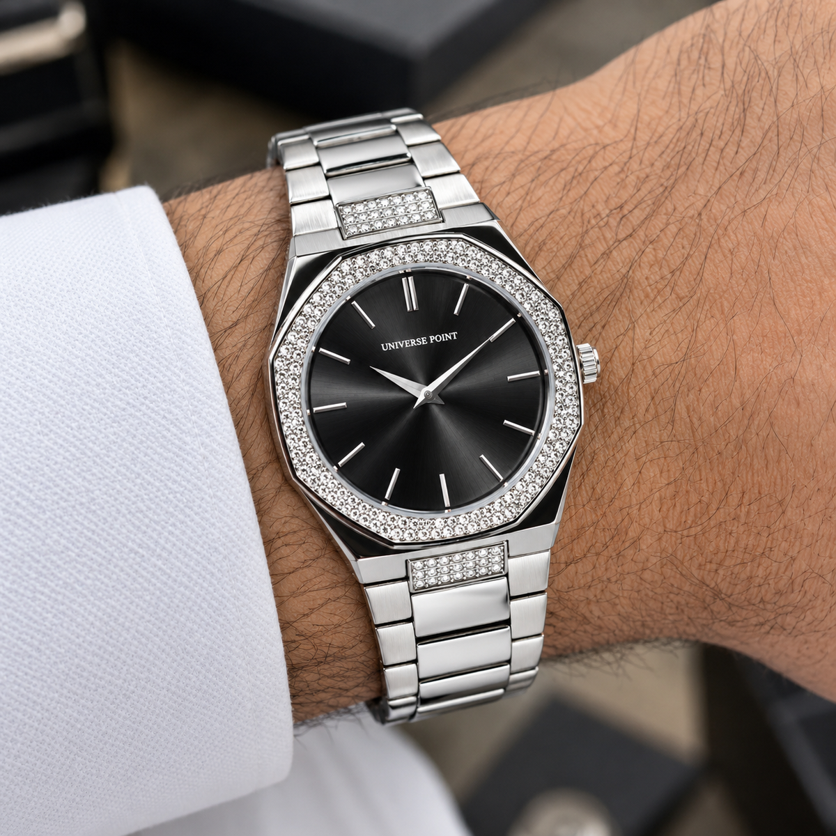 Universe Point Octagonal Quartz Watch with Crystal Bezel & Metallic Bracelet (AWUM-00324)