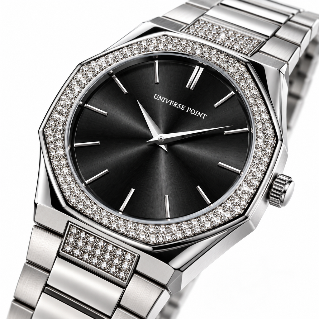 Universe Point Octagonal Quartz Watch with Crystal Bezel & Metallic Bracelet (AWUM-00324)