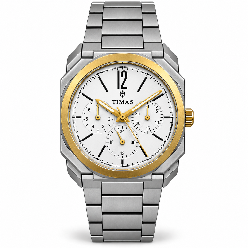 TIMAS Octagonal Quartz Men's Watch with Multi-Subdial Display & Two-Tone Metallic Bracelet (AWTM-00326)