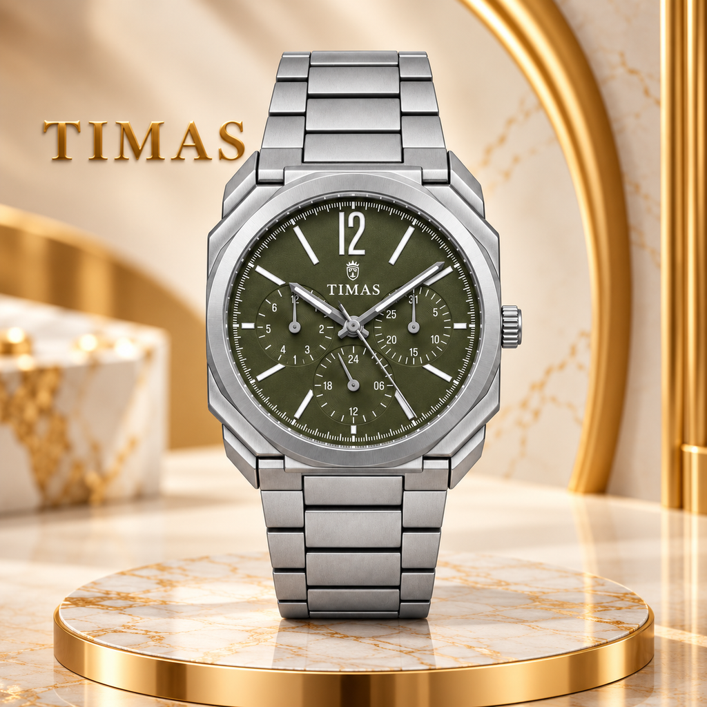 TIMAS Octagonal Quartz Men's Watch with Multi-Subdial Display & Two-Tone Metallic Bracelet (AWTM-00326)