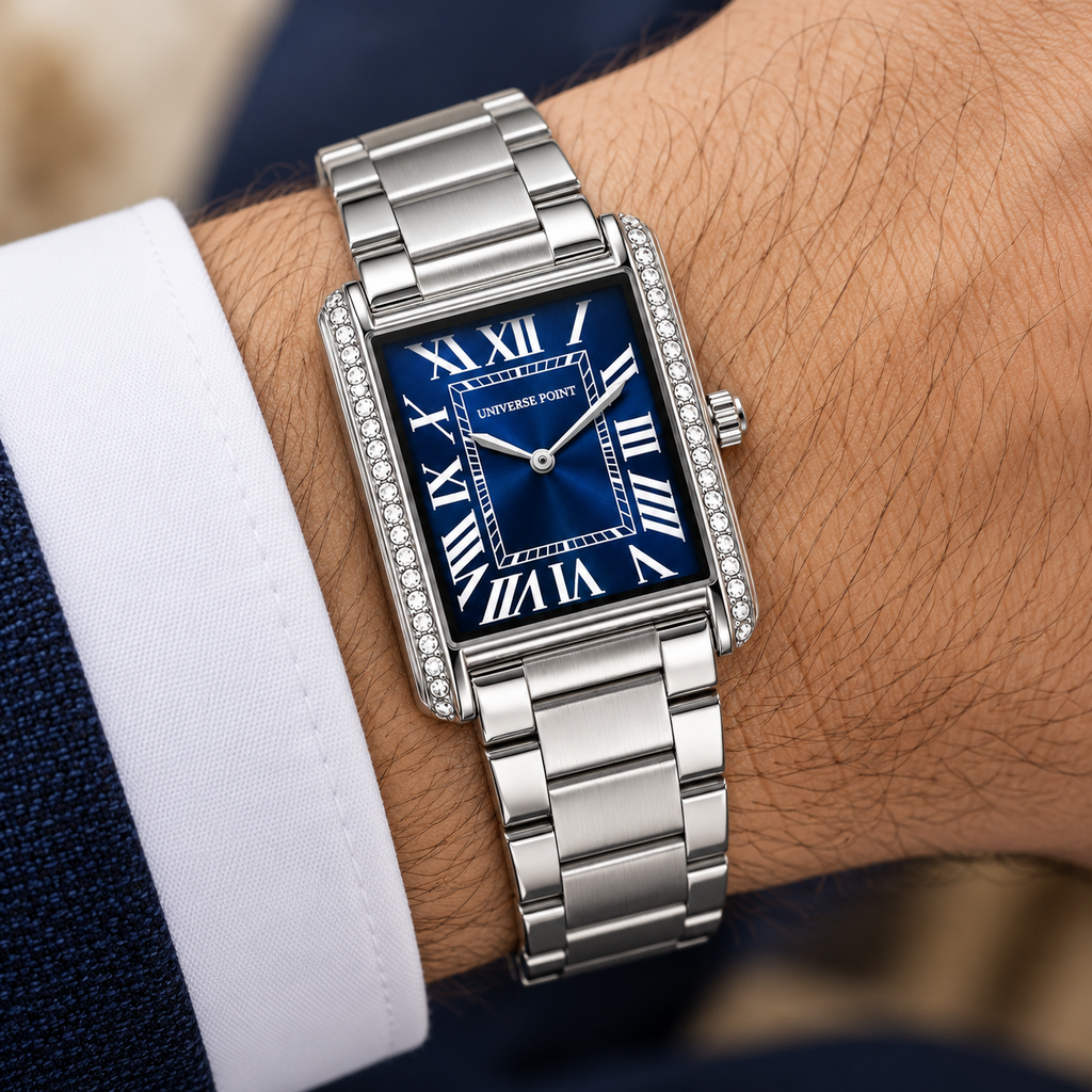 Universe Point Rectangular Quartz Watch with Crystal Flanks & Roman Numeral Dial (AWTM-00327)