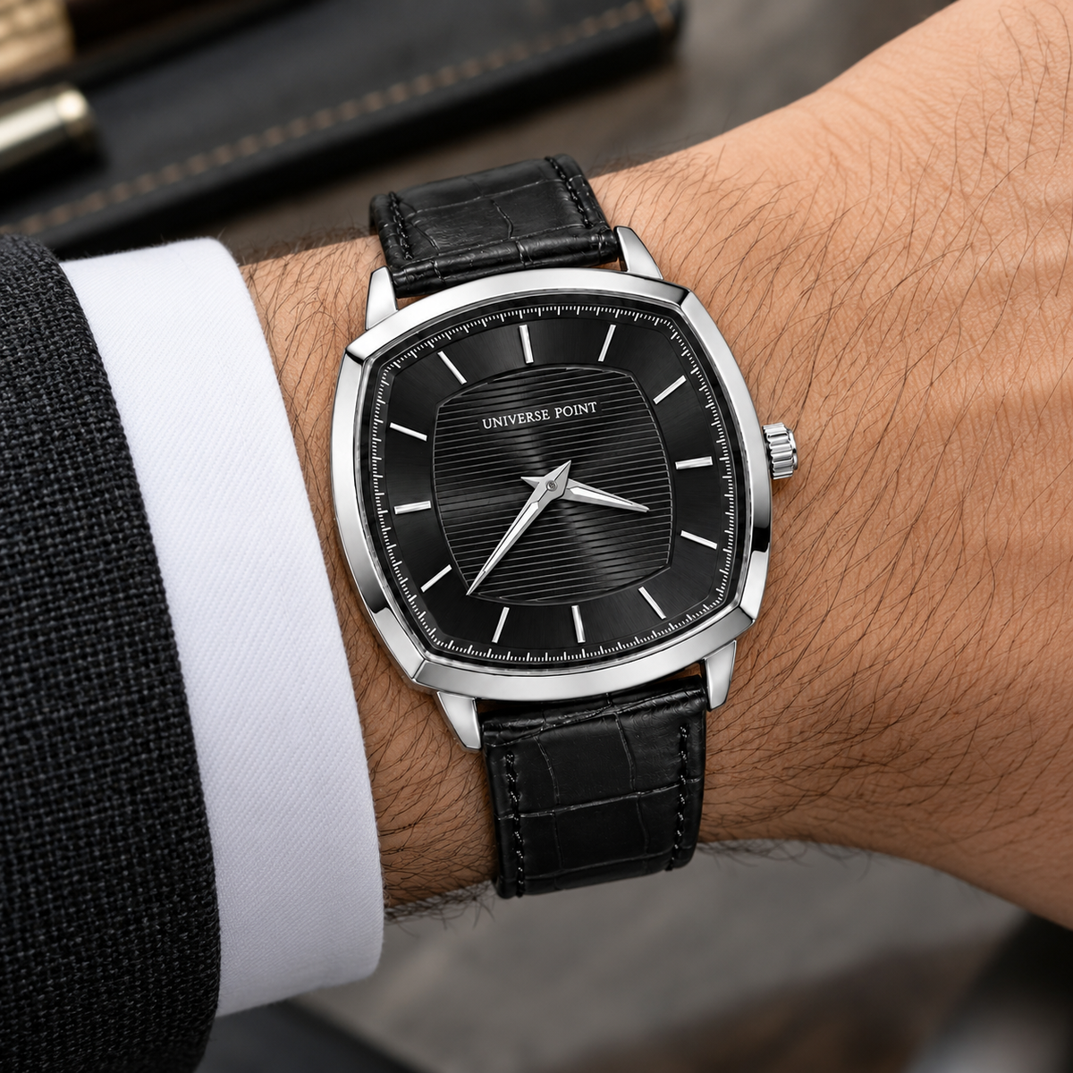 Universe Point Cushion-Shape Quartz Watch with Horizontally Textured Dial & Embossed Leather Strap (AWUM-00328)
