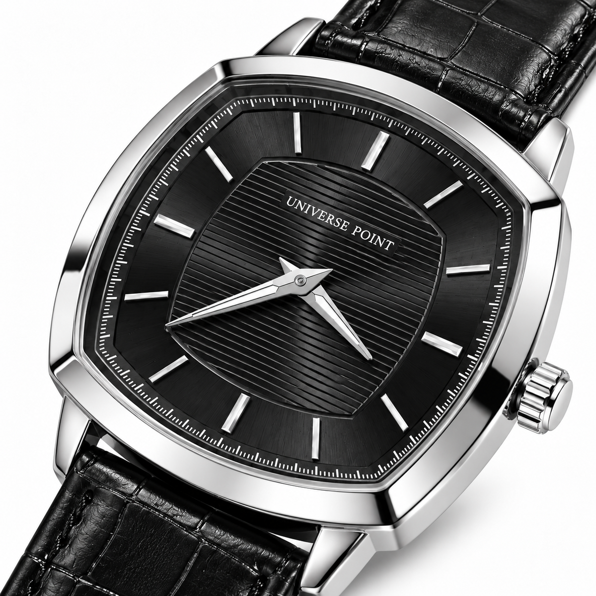 Universe Point Cushion-Shape Quartz Watch with Horizontally Textured Dial & Embossed Leather Strap (AWUM-00328)
