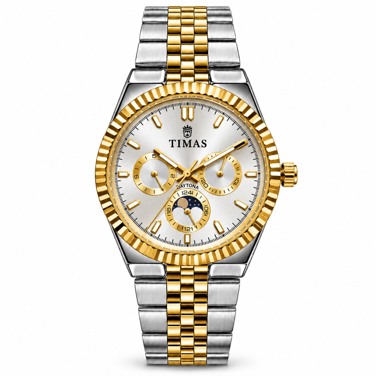 TIMAS Quartz Chronograph Watch with Moon Phase & Jubilee Metallic Bracelet (AWTM-00329)