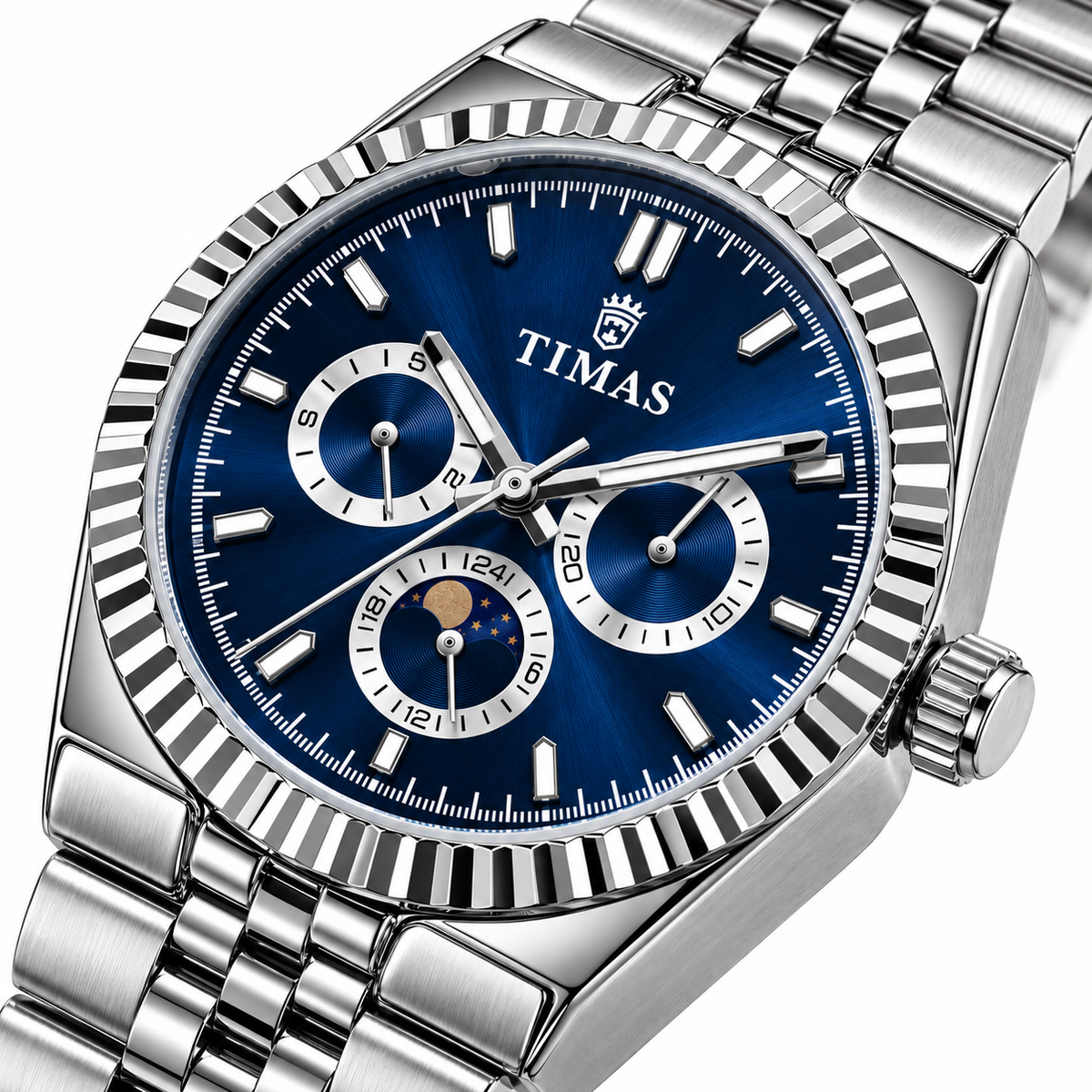 TIMAS Quartz Chronograph Watch with Moon Phase & Jubilee Metallic Bracelet (AWTM-00329)
