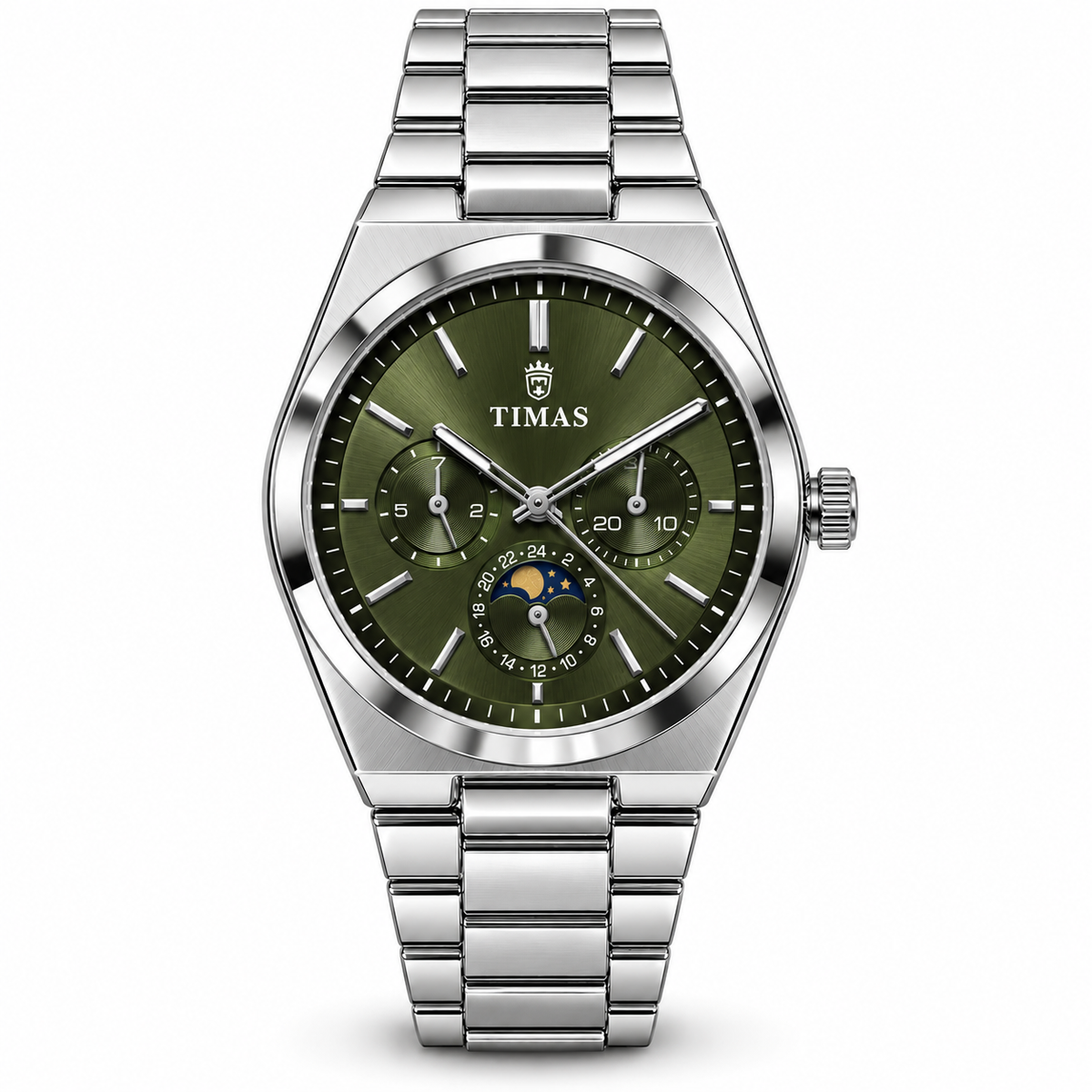 TIMAS Quartz Chronograph Watch with Moon Phase & Integrated Metallic Bracelet (AWTM-00336)