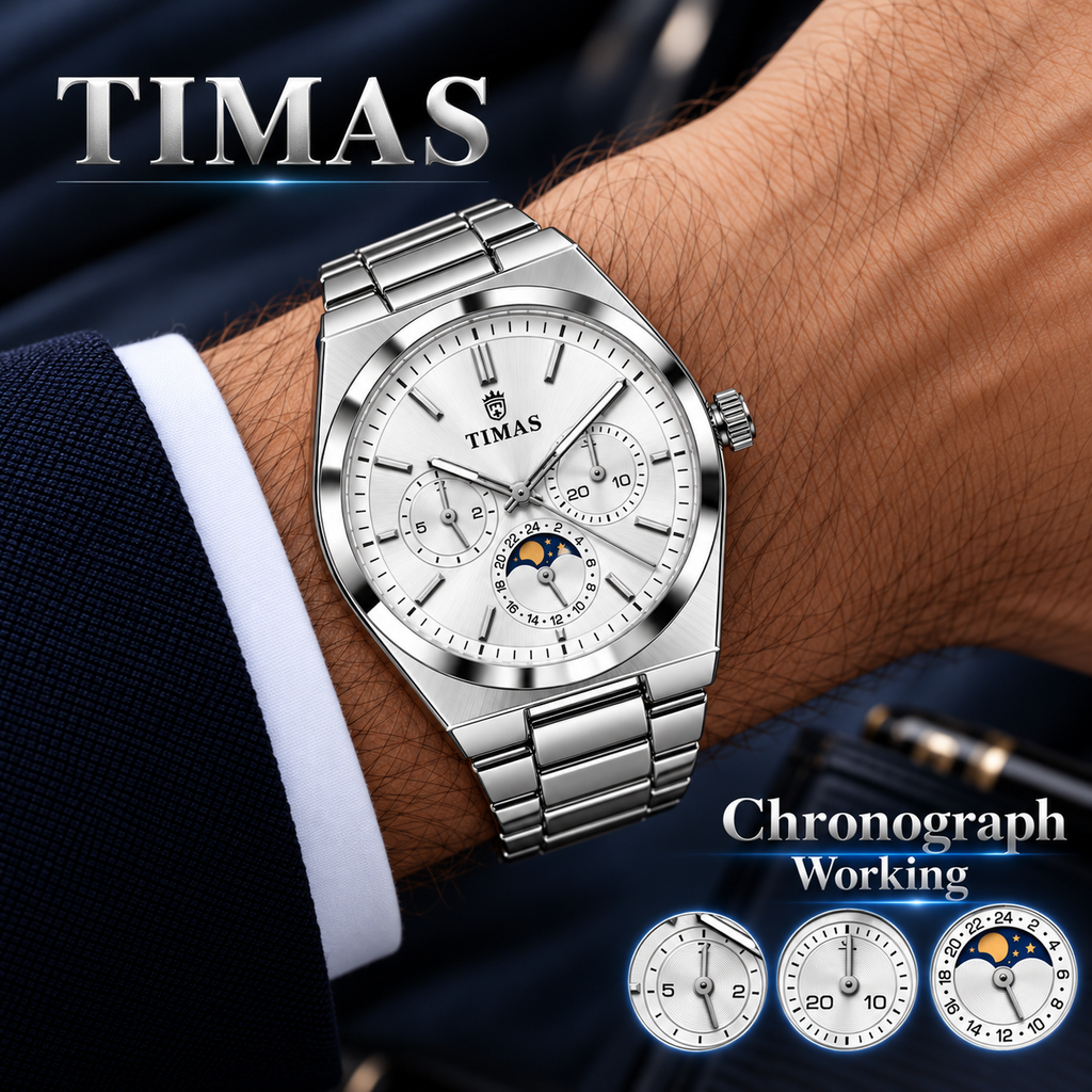 TIMAS Quartz Chronograph Watch with Moon Phase & Integrated Metallic Bracelet (AWTM-00336)
