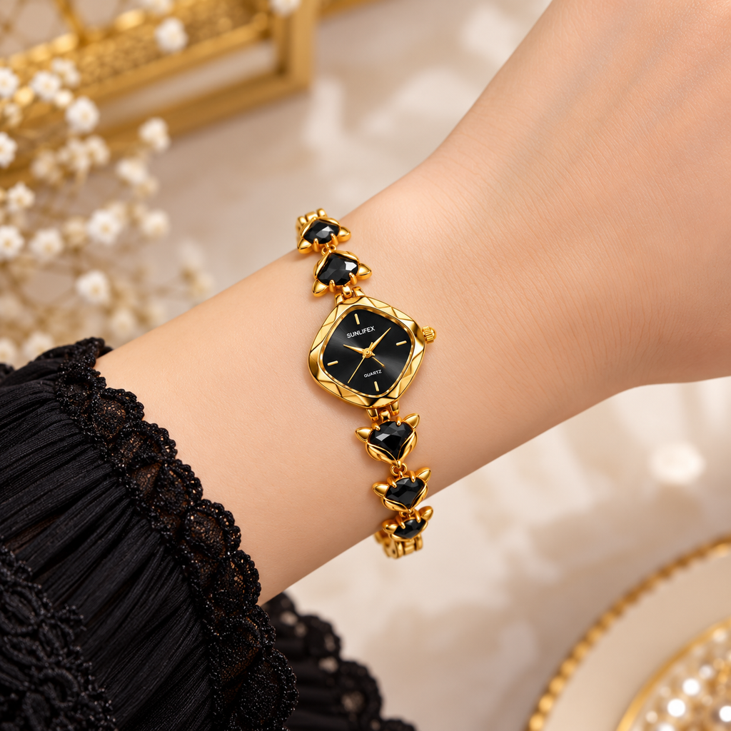SUNLIFEX Diamond-Shape Quartz Ladies Bracelet Watch with Gem-Set Links (AWSL-00331)