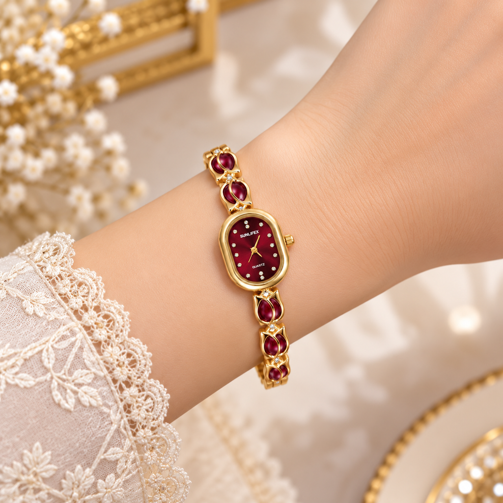 SUNLIFEX Oval Quartz Ladies Bracelet Watch with Gem-Set Links (AWSL-00333)