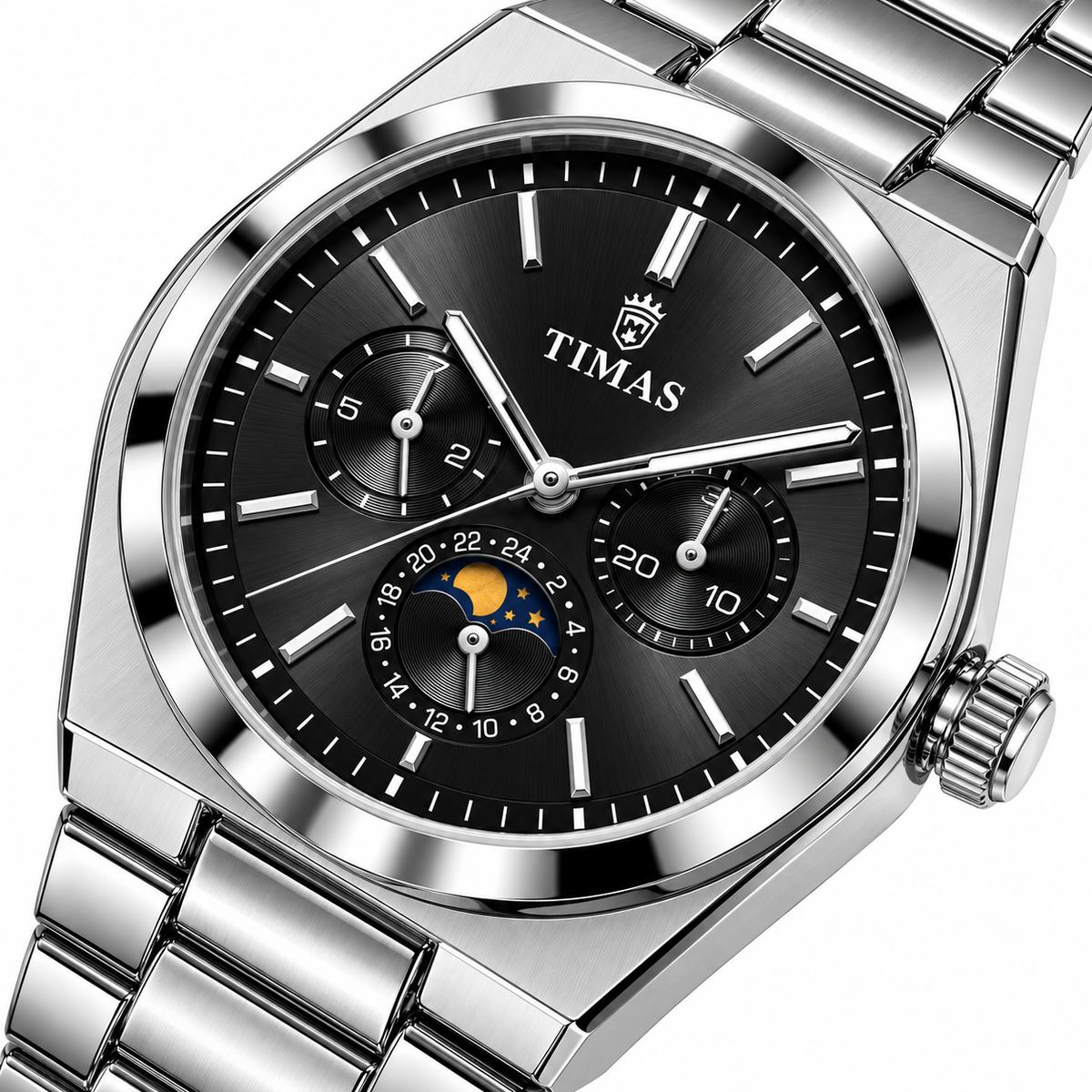 TIMAS Quartz Chronograph Watch with Moon Phase & Integrated Metallic Bracelet (AWTM-00336)