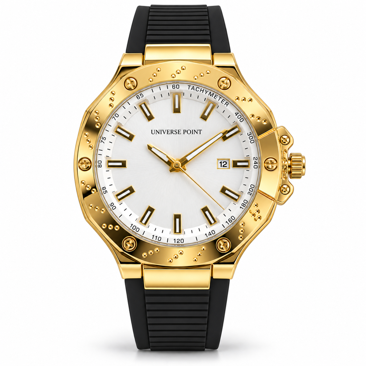 Universe Point Men's Quartz Sports Watch with Studded Bezel, Tachymeter & Flexible Strap (AWTM-00337)