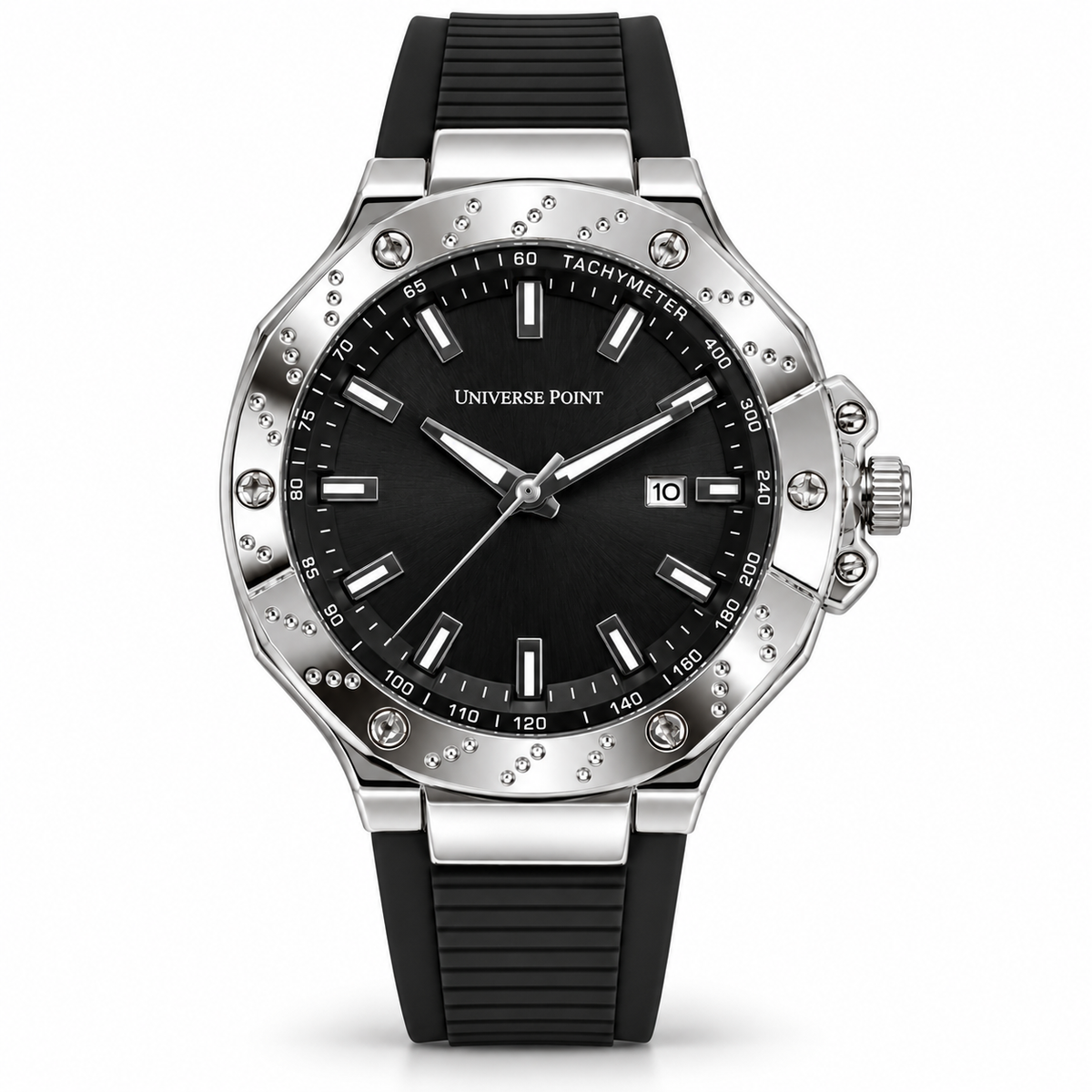 Universe Point Men's Quartz Sports Watch with Studded Bezel, Tachymeter & Flexible Strap (AWTM-00337)