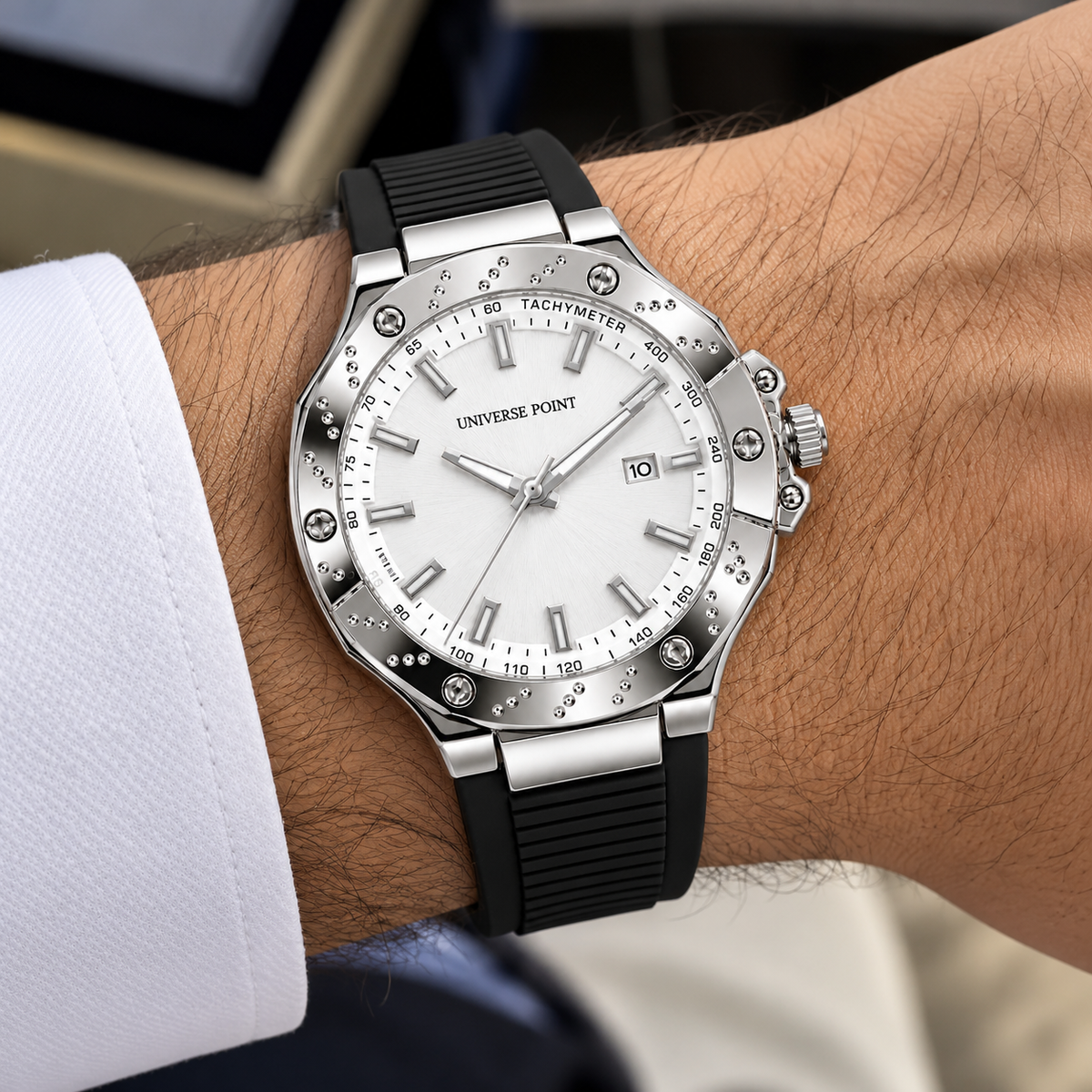 Universe Point Men's Quartz Sports Watch with Studded Bezel, Tachymeter & Flexible Strap (AWTM-00337)