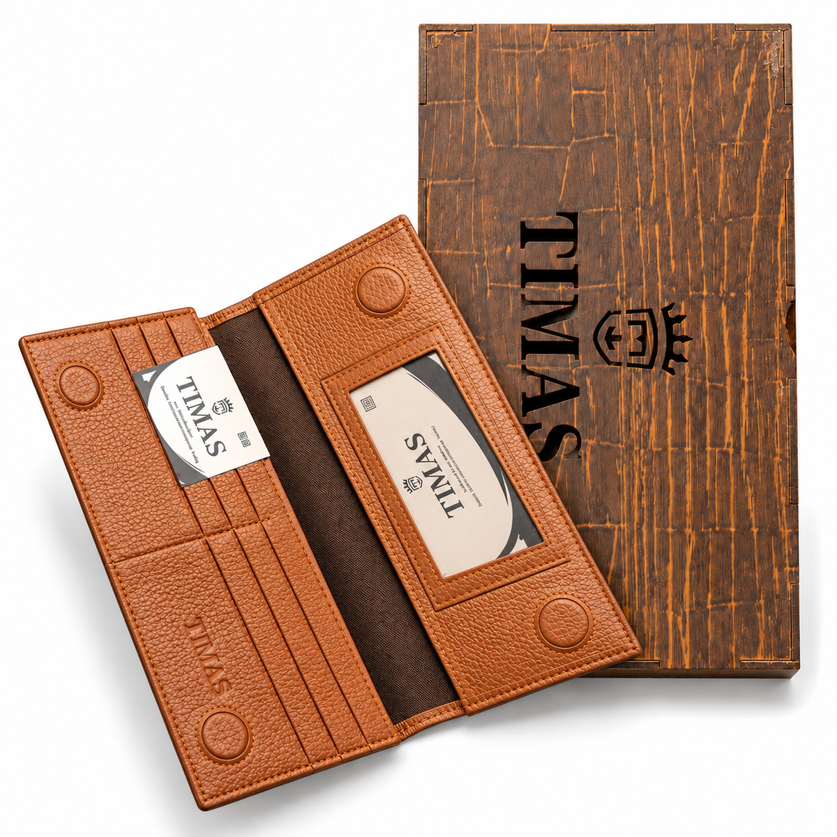 TIMAS Long Executive Men's Leather Wallet with Magnetic Closure & Wooden Gift Box (4-Magnet)