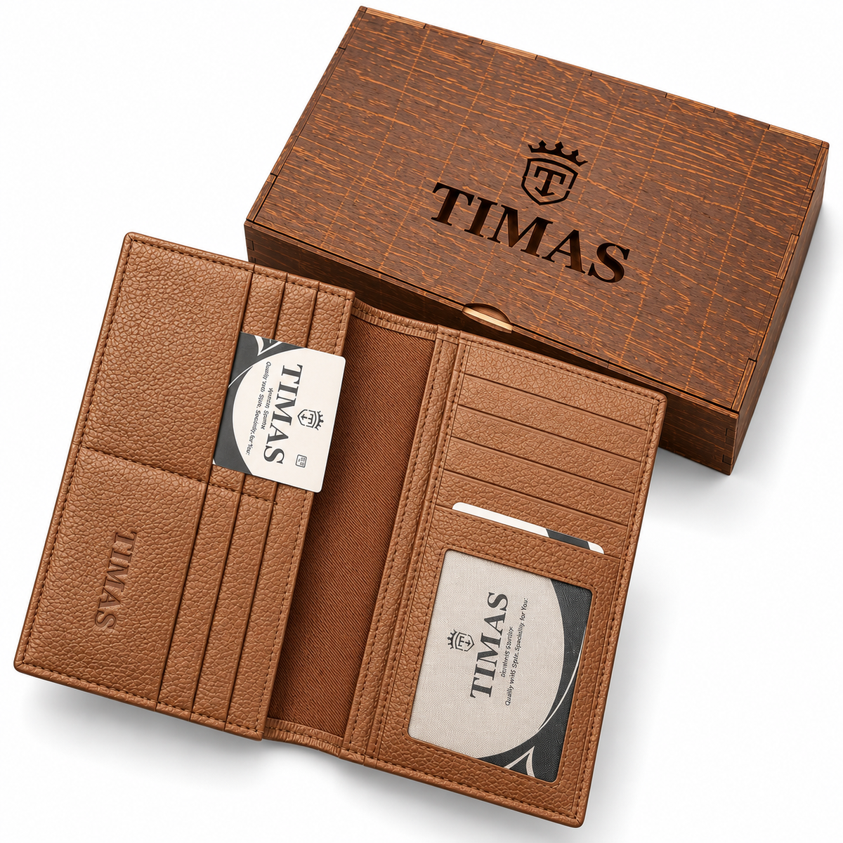 TIMAS Long Executive Men's Leather Wallet with Multiple Card Slots & Wooden Gift Box (DC5-K)