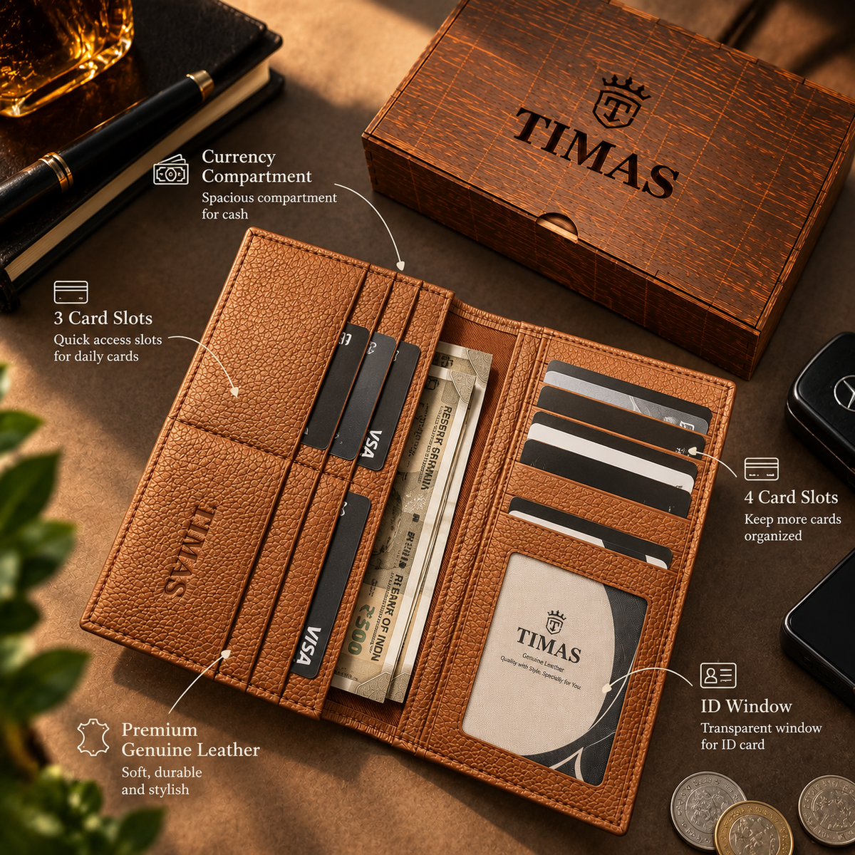 TIMAS Long Executive Men's Leather Wallet with Multiple Card Slots & Wooden Gift Box (DC5-K)