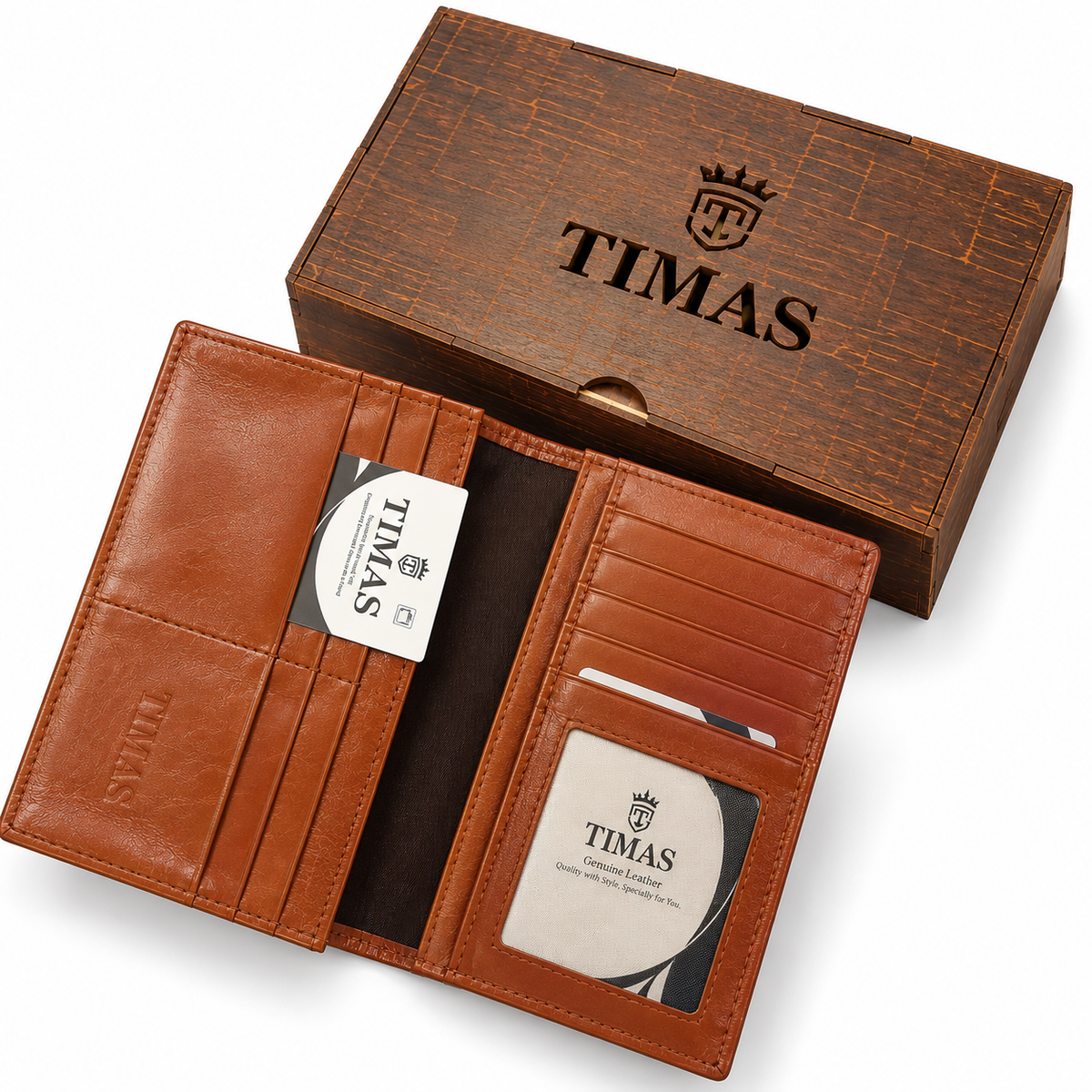 TIMAS Long Executive Men's Leather Wallet with Multiple Card Slots & Wooden Gift Box (Glace L)