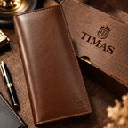 TIMAS Long Executive Men's Leather Wallet with Multiple Card Slots & Wooden Gift Box (Glace L)