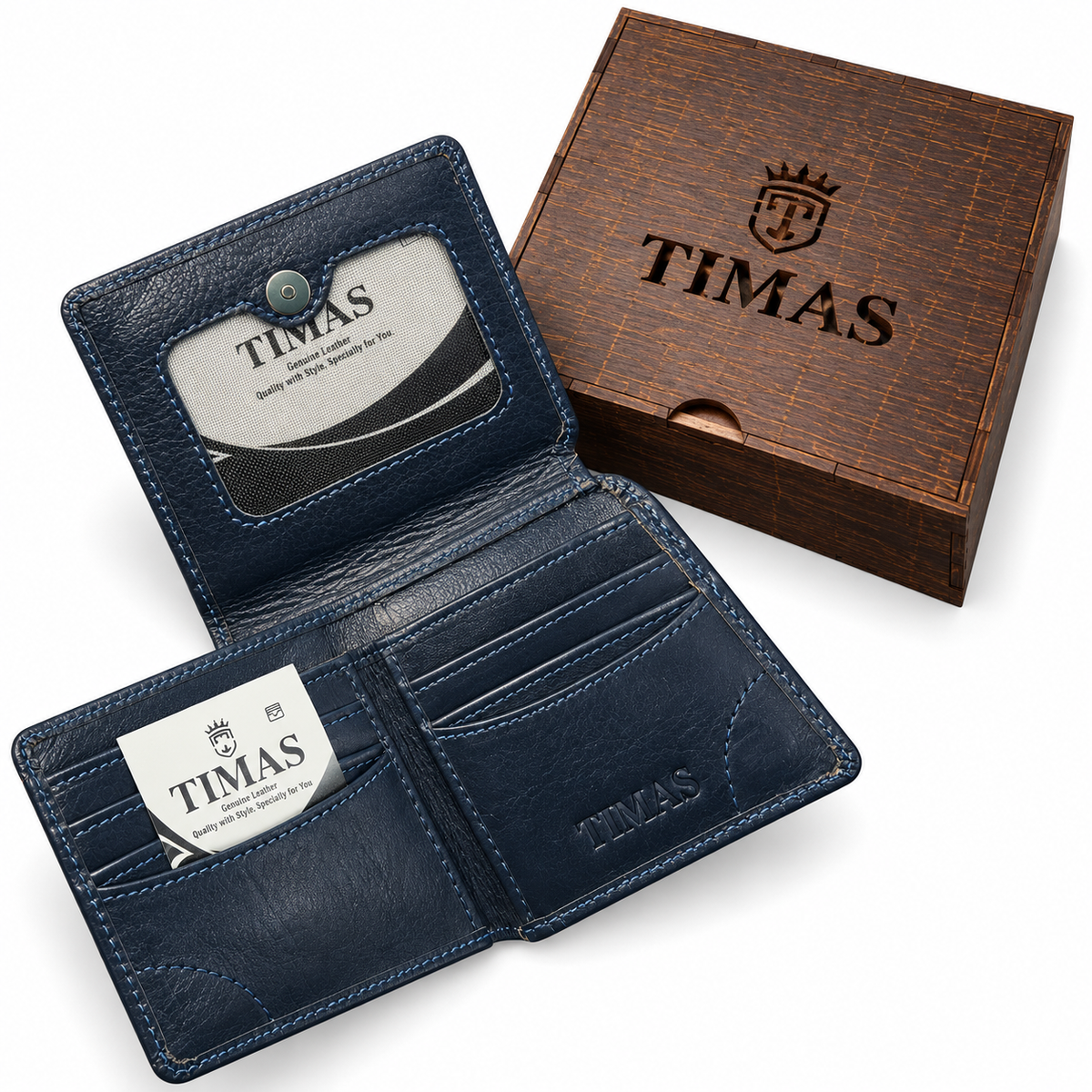 TIMAS Executive Bi-Fold Leather Wallet with ID Flap Pocket & Wooden Gift Box (JPN-5)