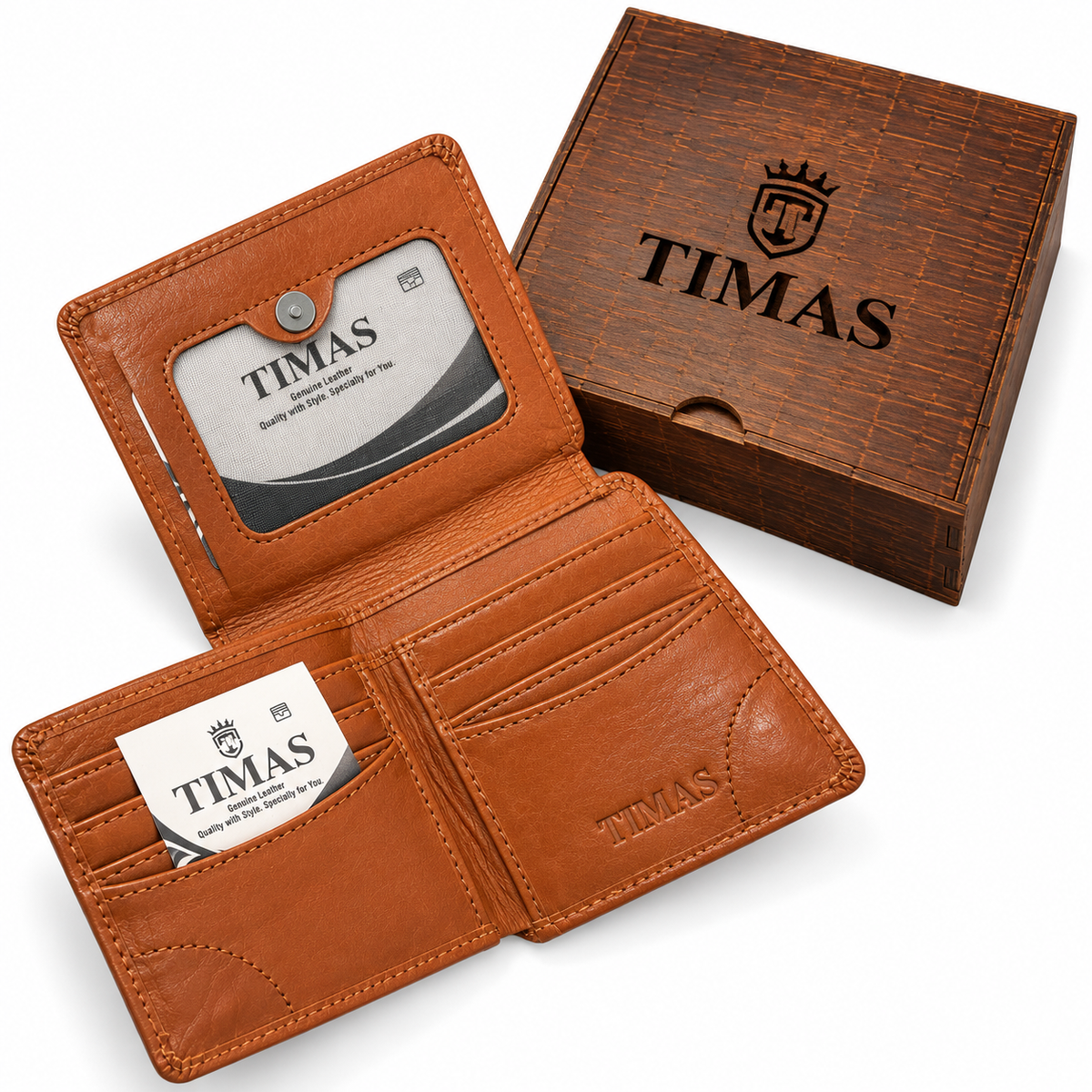 TIMAS Executive Bi-Fold Leather Wallet with ID Flap Pocket & Wooden Gift Box (JPN-5)