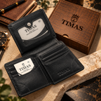 TIMAS Executive Bi-Fold Leather Wallet with ID Flap Pocket & Wooden Gift Box (JPN-5)