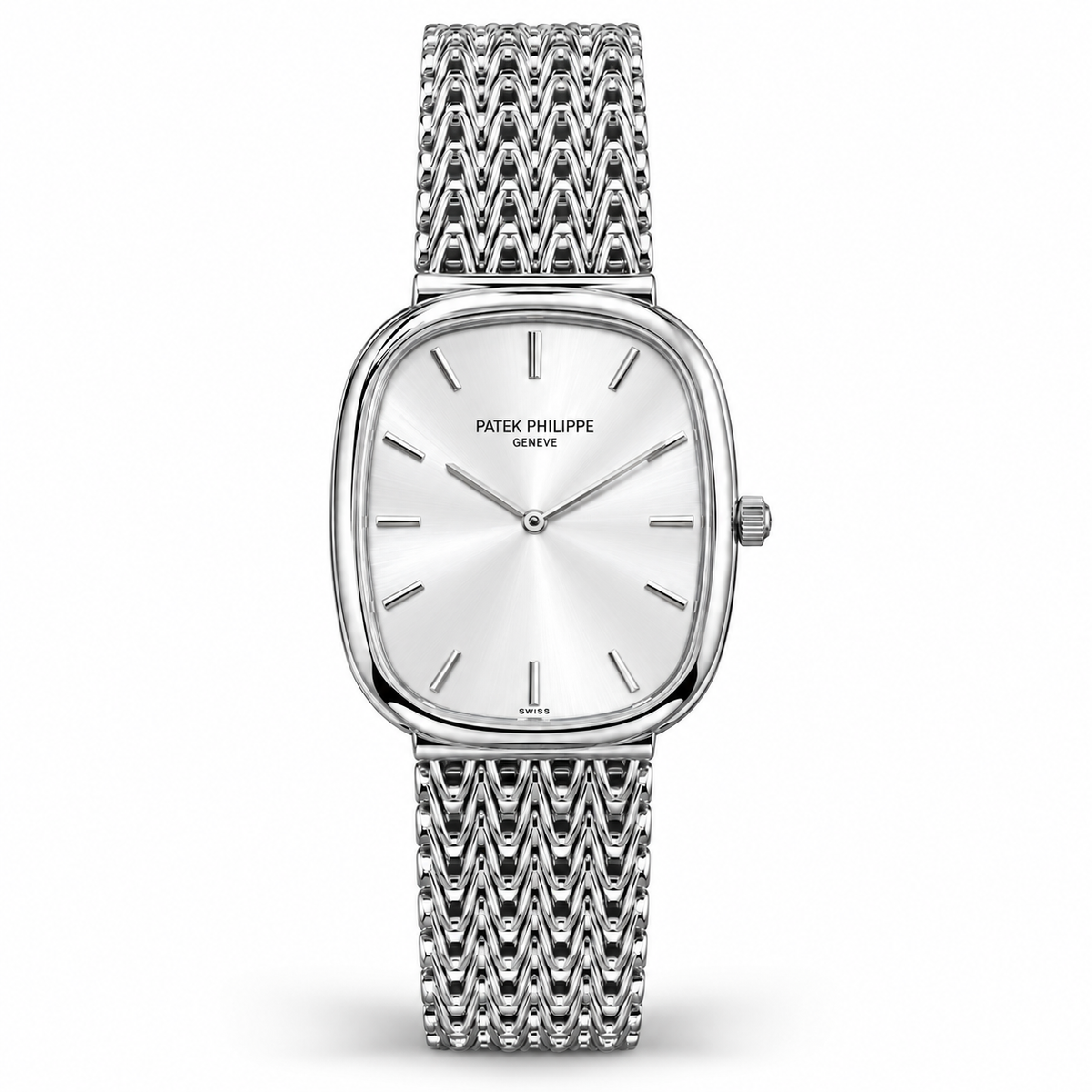 Patek Philippe Master Copy Ellipse Quartz Watch with Sunburst Dial & Mesh Metallic Bracelet