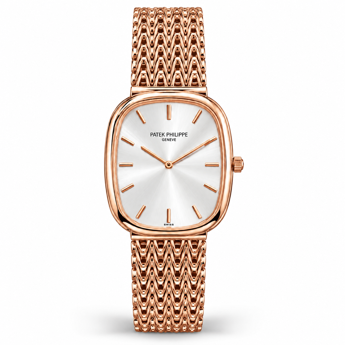 Patek Philippe Master Copy Ellipse Quartz Watch with Sunburst Dial & Mesh Metallic Bracelet