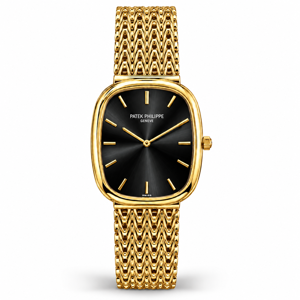 Patek Philippe Master Copy Ellipse Quartz Watch with Sunburst Dial & Mesh Metallic Bracelet